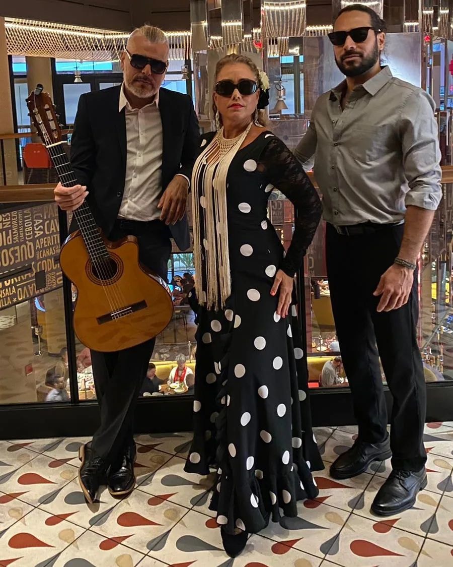 Flamenco trio in black and white polka dot