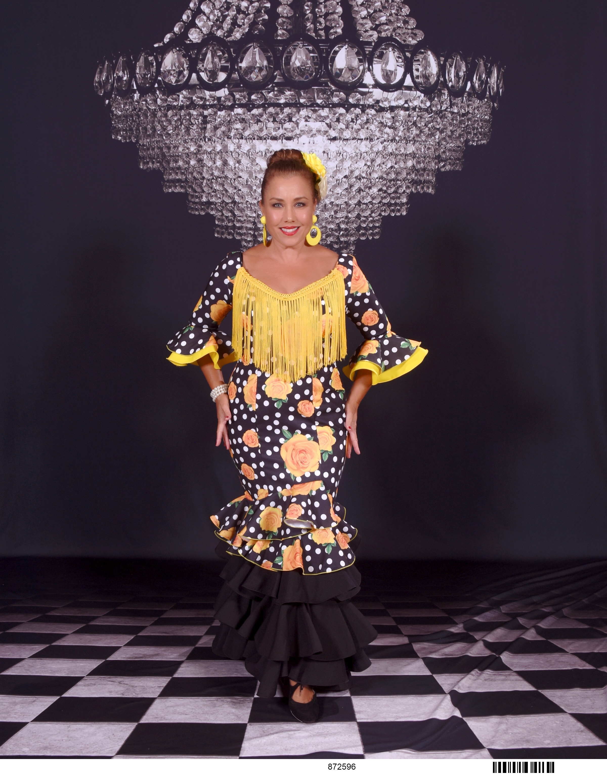 Jessica Pacheco in flamenco dress with chandelier